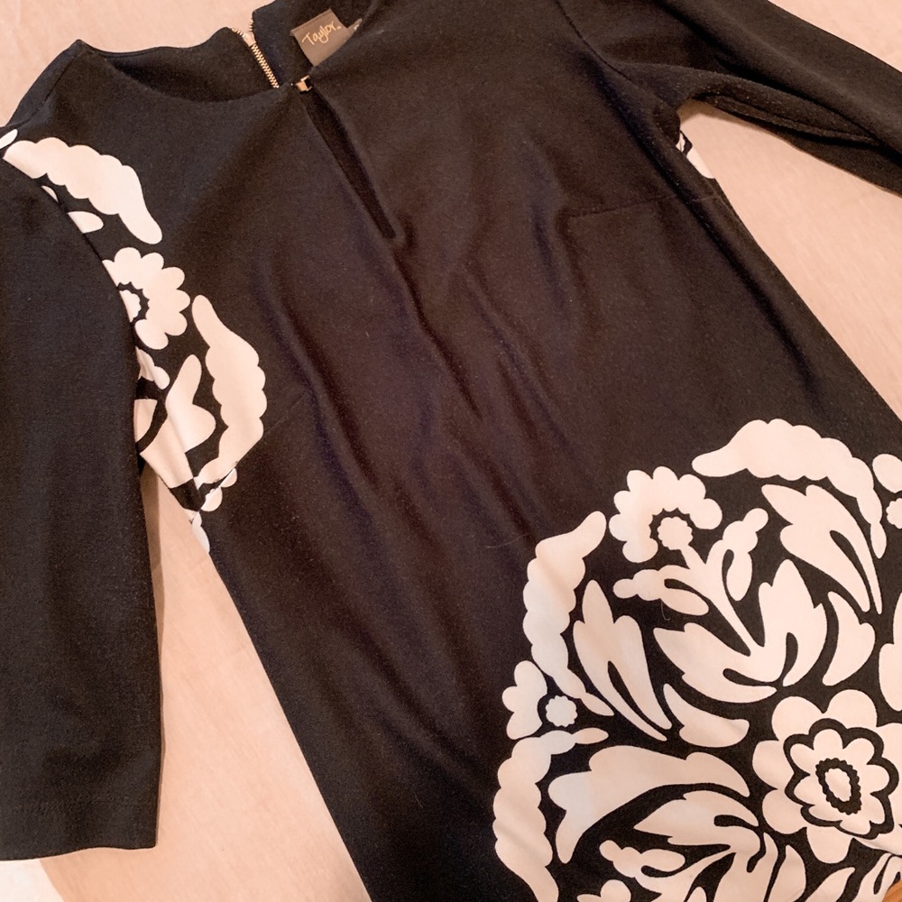 Black with White Flower Long-sleeves Midi Dress
